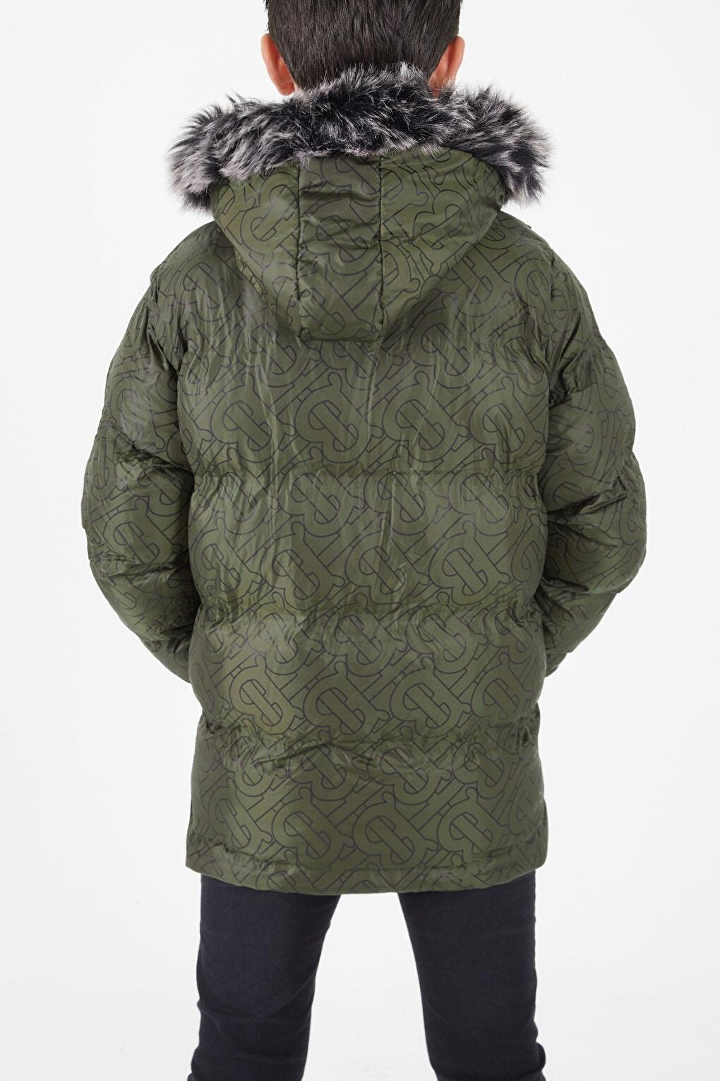 Boy's Khaki Puffer Coat Black Fur 15482