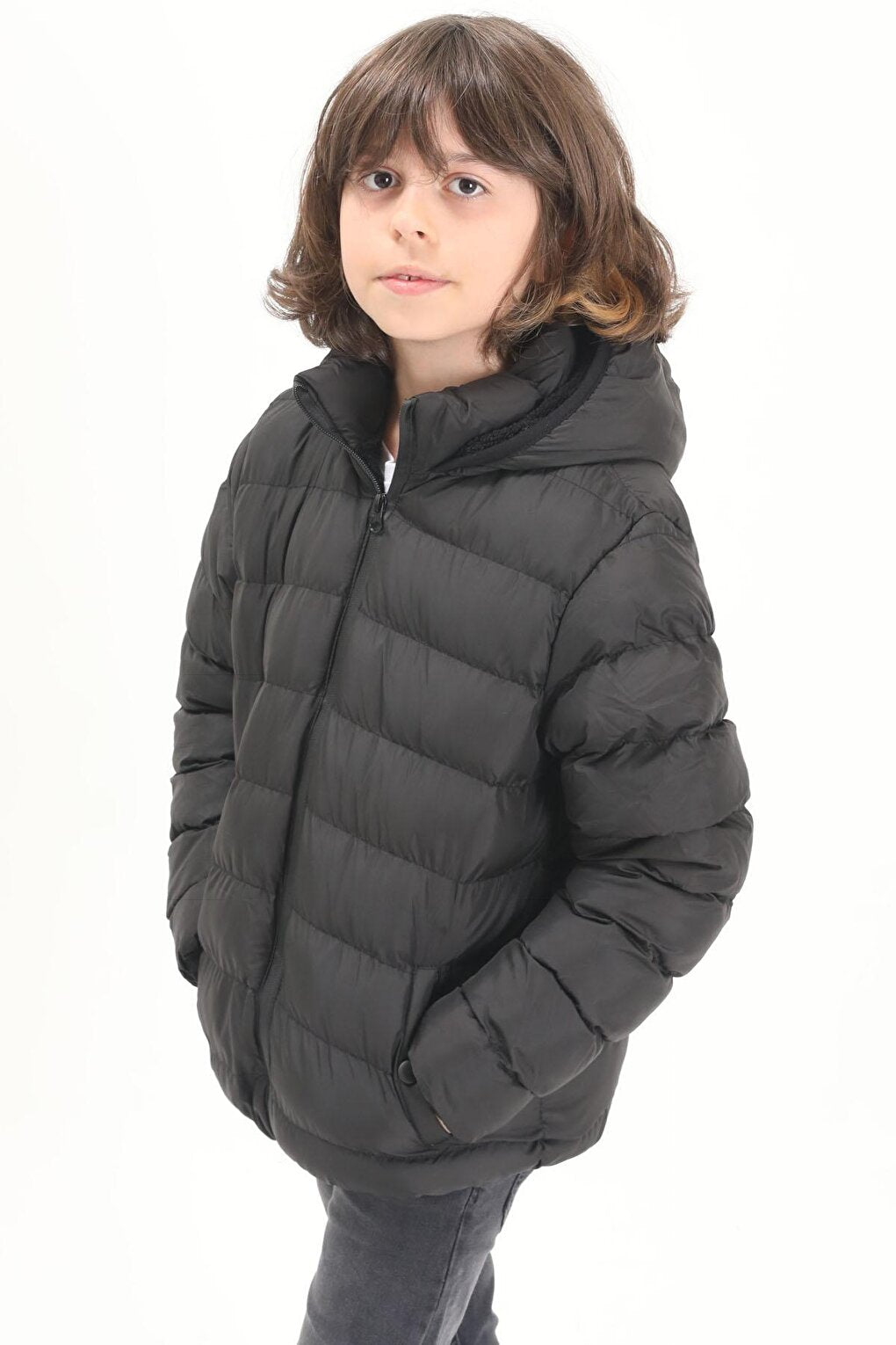 Boy's Straight Stitched Black Puffer Coat 15636