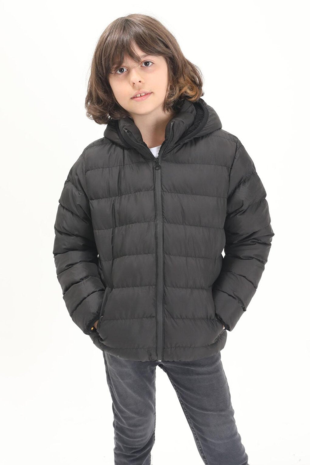 Boy's Straight Stitched Black Puffer Coat 15636