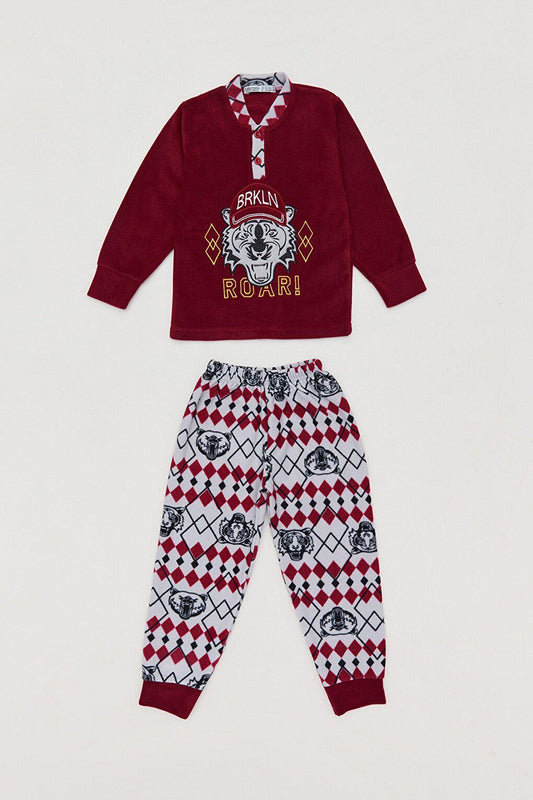 Embroidered High Collar Fleece Boys' Pajama Set