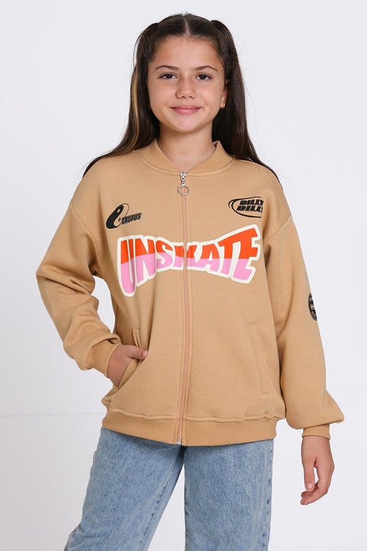 Girl's Brown Unserate Print Zippered Sweatshirt