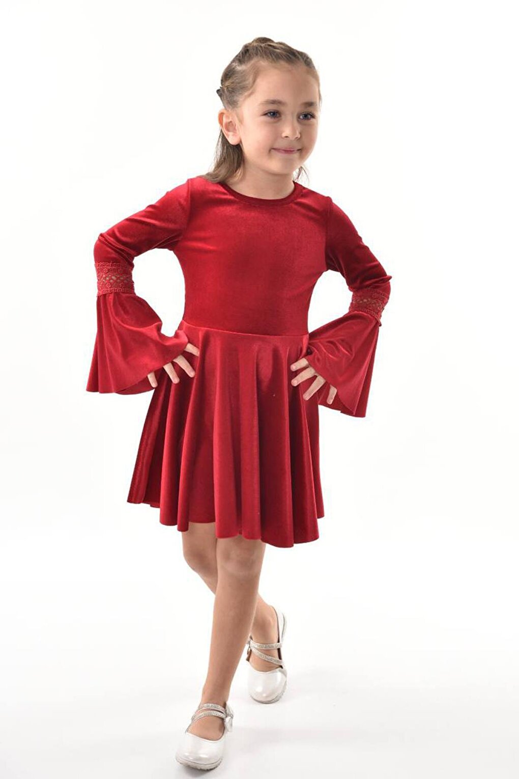 Girl's Claret Red Velvet Dress with Guipure Detail on the Sleeves, 3-12 Years