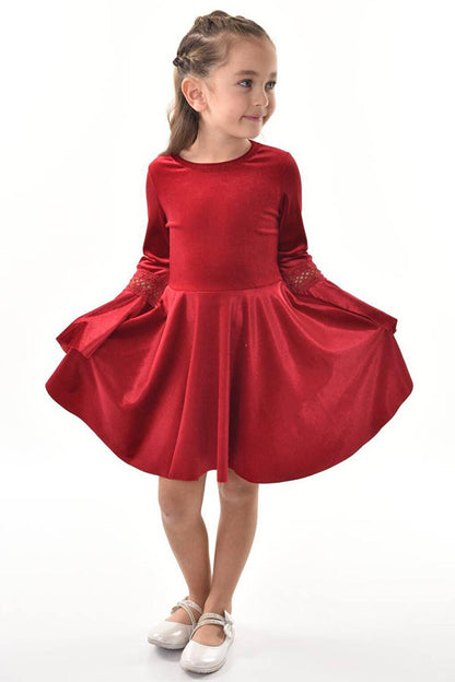 Girl's Claret Red Velvet Dress with Guipure Detail on the Sleeves, 3-12 Years