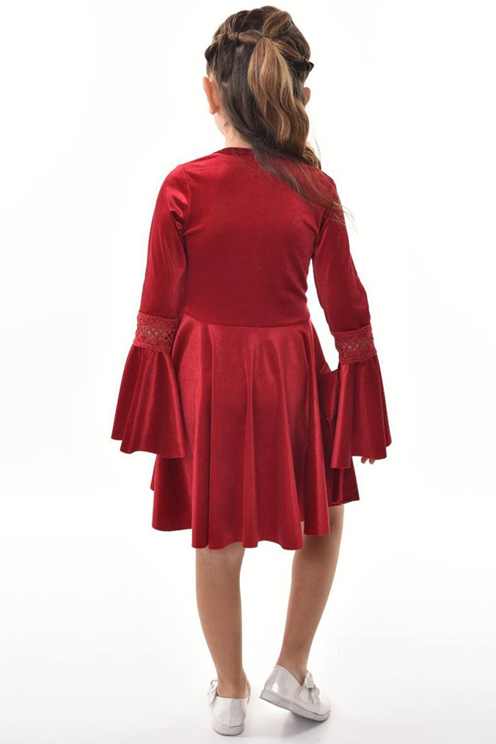 Girl's Claret Red Velvet Dress with Guipure Detail on the Sleeves, 3-12 Years