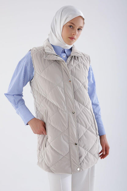 Quilted Puffer Vest with Stone Snaps and Zipper