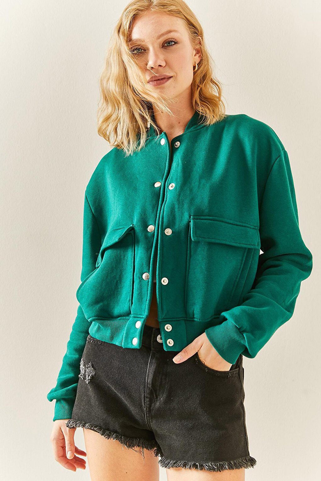 Emerald Green Snap Button Crop Bomber Jacket 3YXK4-47551-44