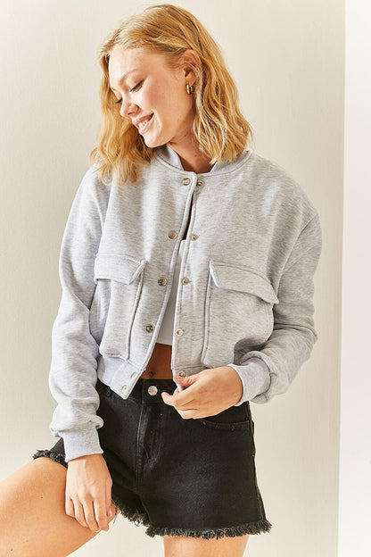 Gray Snap Buttoned Crop Bomber Jacket 3YXK4-47551-03