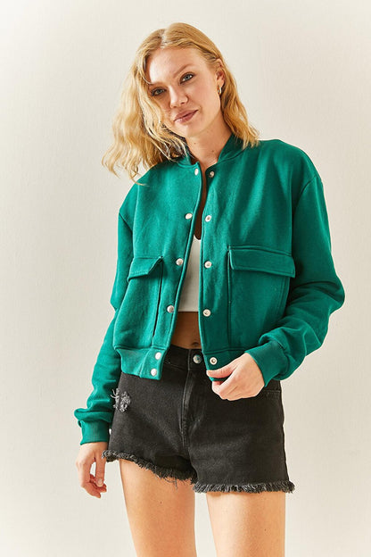 Emerald Green Snap Button Crop Bomber Jacket 3YXK4-47551-44