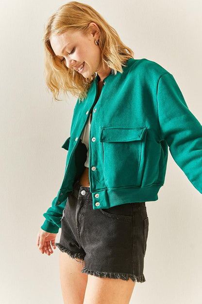 Emerald Green Snap Button Crop Bomber Jacket 3YXK4-47551-44