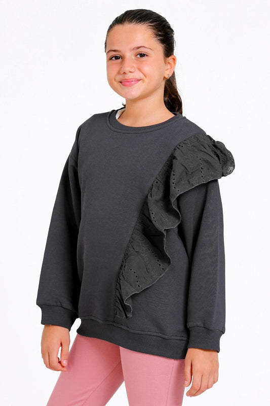 Girl's Anthracite Crew Neck Lace Detailed 4-12 Years Sweatshirt - 23177-1