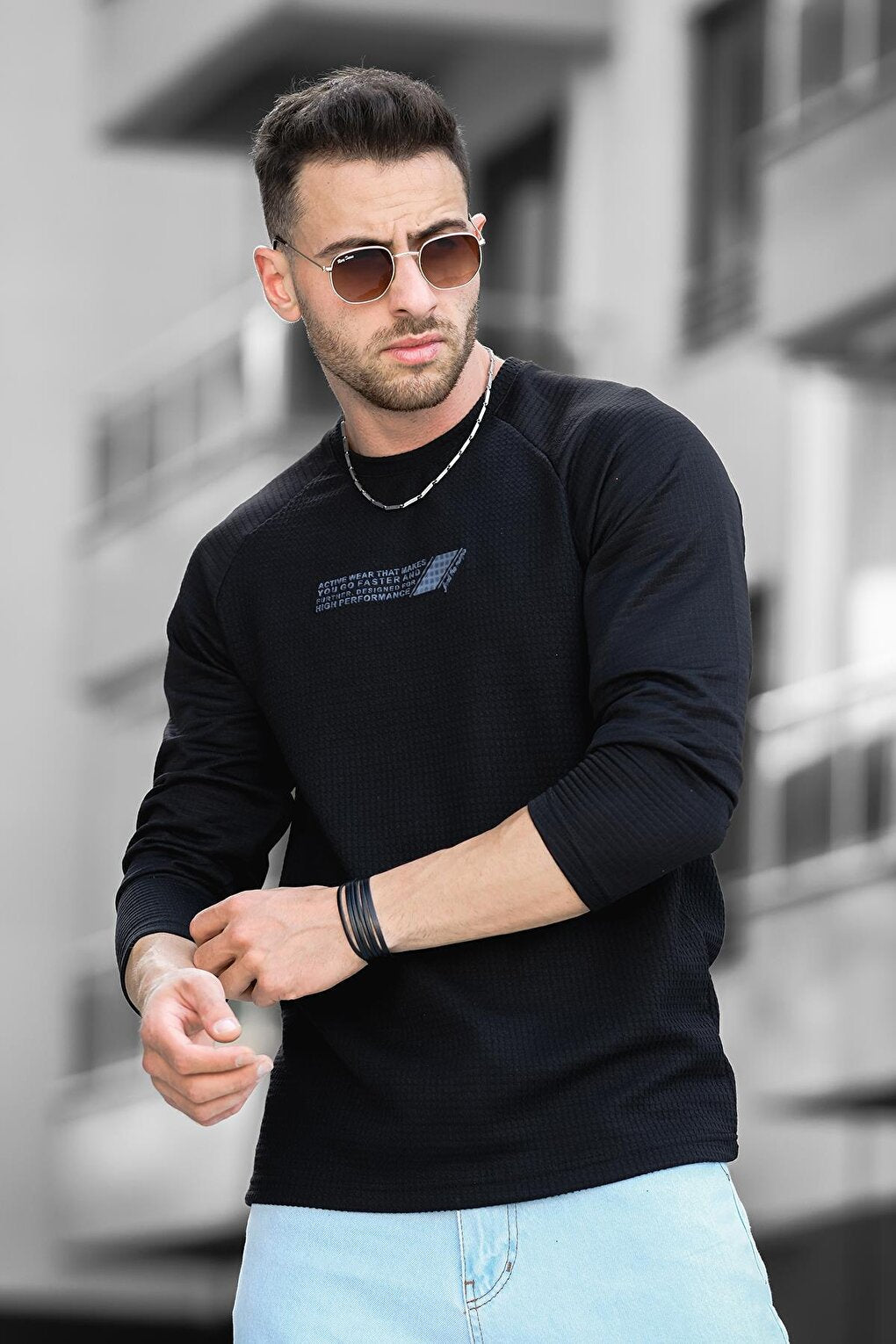 Further Injection Printed Raglan Sleeve Slim Fit Lycra Crew Neck Men's Sweatshirt