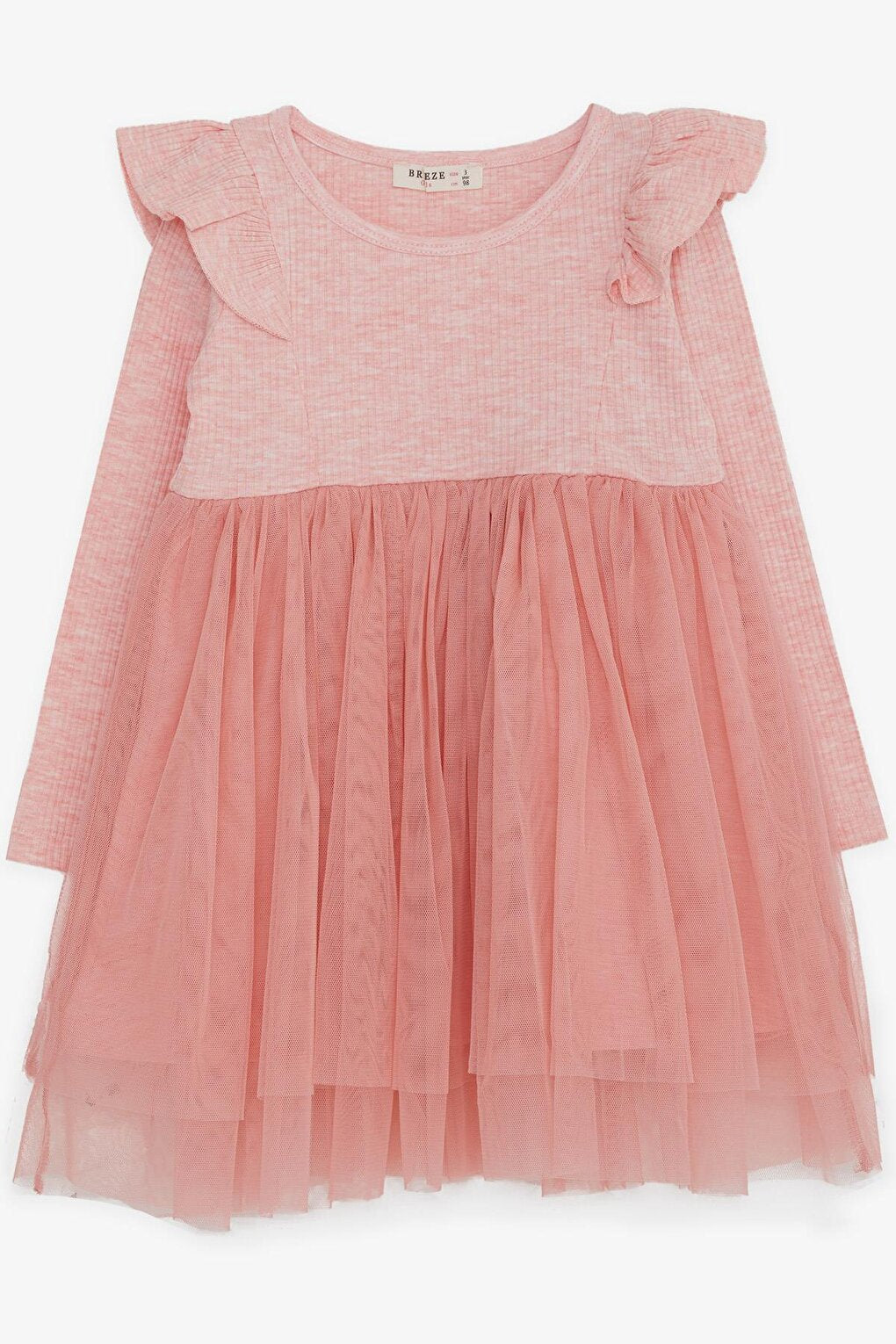 Girl's Long Sleeve Dress Ruffled Shoulder Salmon Melange (Age 3-8)