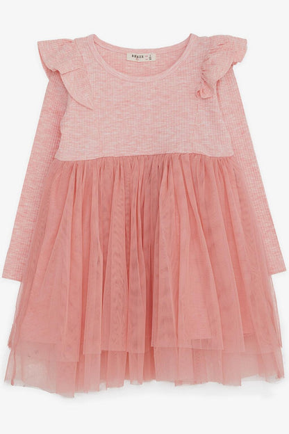 Girl's Long Sleeve Dress Ruffled Shoulder Salmon Melange (Age 3-4)