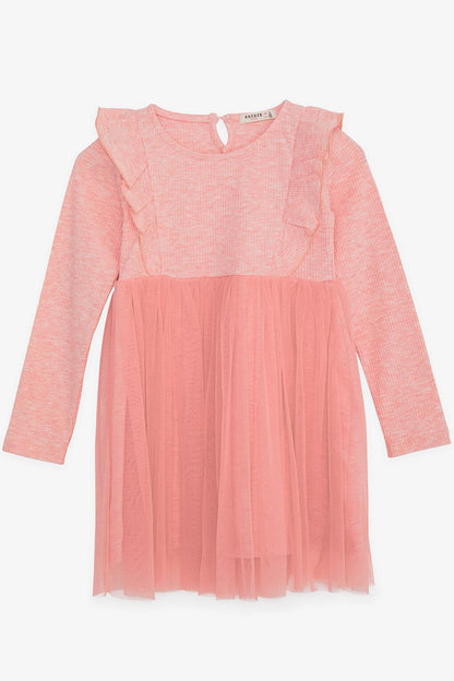 Baby Girl Long Sleeve Dress Ruffle Shoulder Tulle Salmon Melange (4-8 Years)