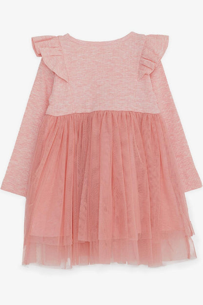 Girl's Long Sleeve Dress Ruffled Shoulder Salmon Melange (Age 3-8)