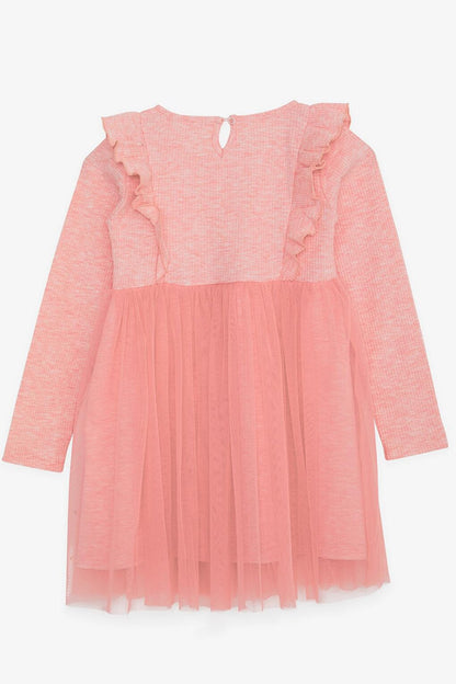 Baby Girl Long Sleeve Dress Ruffle Shoulder Tulle Salmon Melange (4-8 Years)