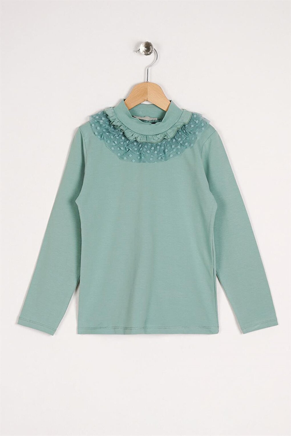 Girl's Çağla Green Colored Long Sleeve Blouse with Lace Collar