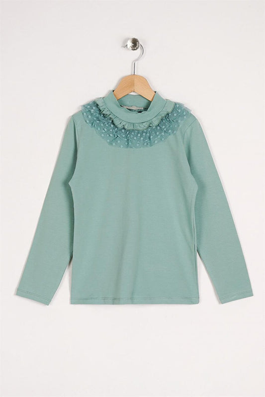 Girl's Çağla Green Colored Long Sleeve Blouse with Lace Collar