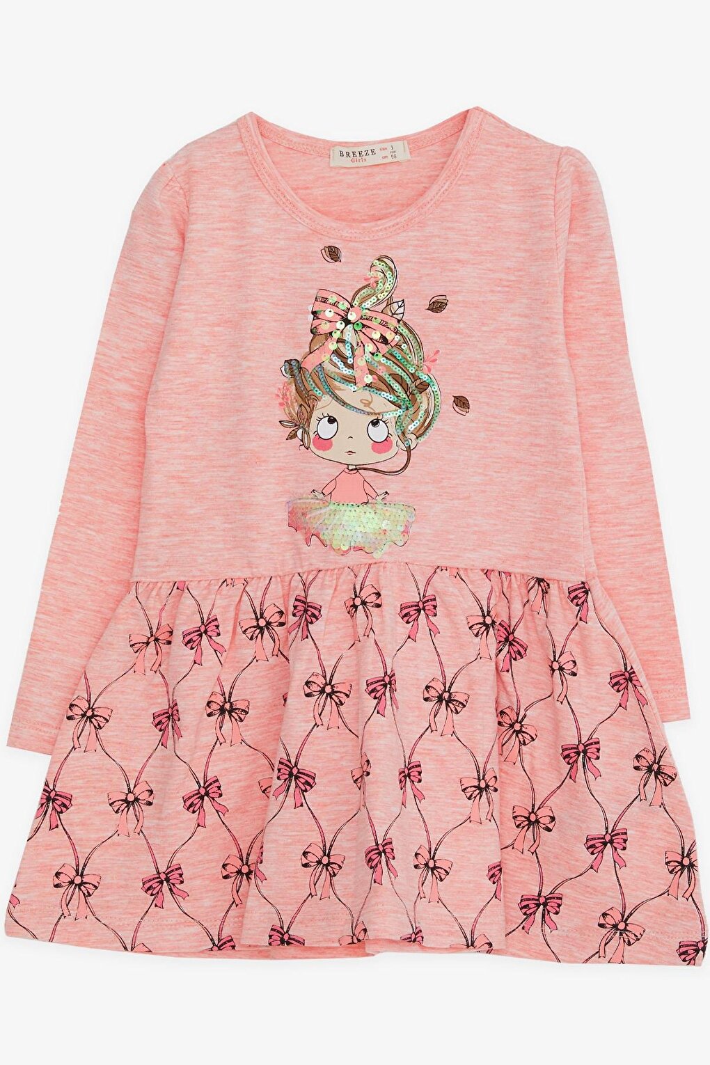 Girl's Long Sleeve Dress Sequin Girl Printed Salmon Melange (Age 3-4)