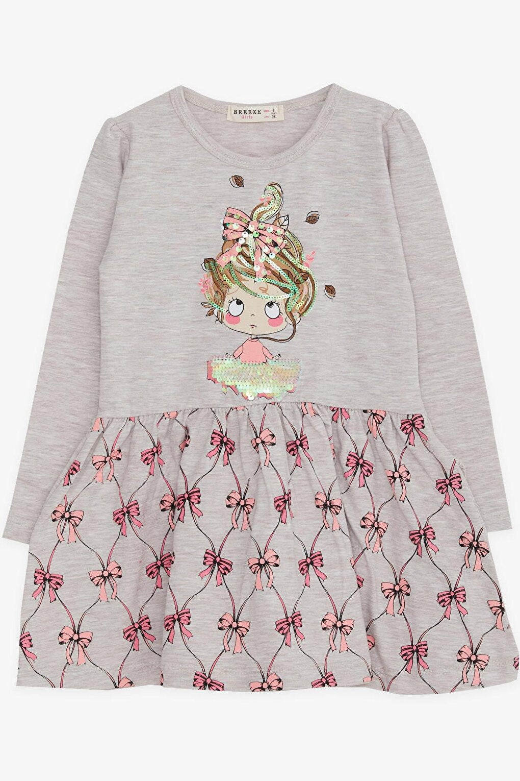 Girl's Long Sleeve Dress Sequin Girl Printed Beige Melange (Age 3-7)