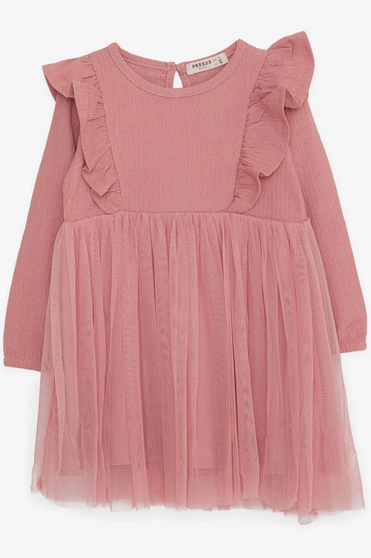 Girl's Long Sleeve Dress, Ruffled Shoulder, Dried Rose (Age 3-8)