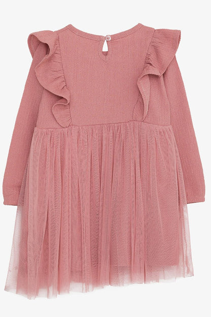 Girl's Long Sleeve Dress, Ruffled Shoulder, Dried Rose (Age 3-8)