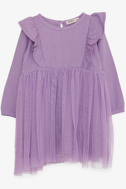 Girl's Long Sleeve Dress Ruffle Shoulder Lilac (Age 3-4)