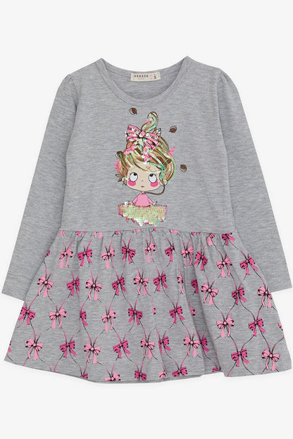 Girl's Long Sleeve Dress Sequin Girl Printed Gray Melange (Age 3-5)