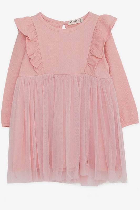 Girl's Long Sleeve Dress Ruffle Shoulder Powder (Age 3-8)