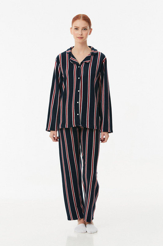 Striped Buttoned Fleece Pajama Set