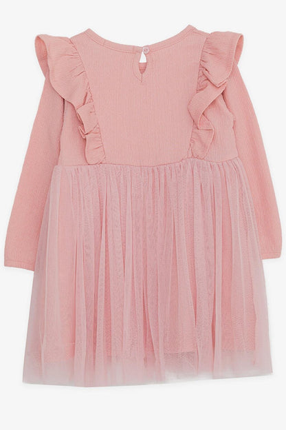 Girl's Long Sleeve Dress Ruffle Shoulder Powder (Age 3-8)