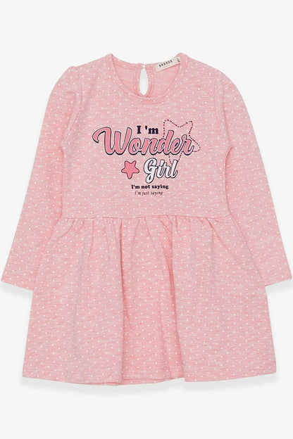 Girl's Dress Polka Dot Patterned Text Printed Salmon Melange (Age 3-7)