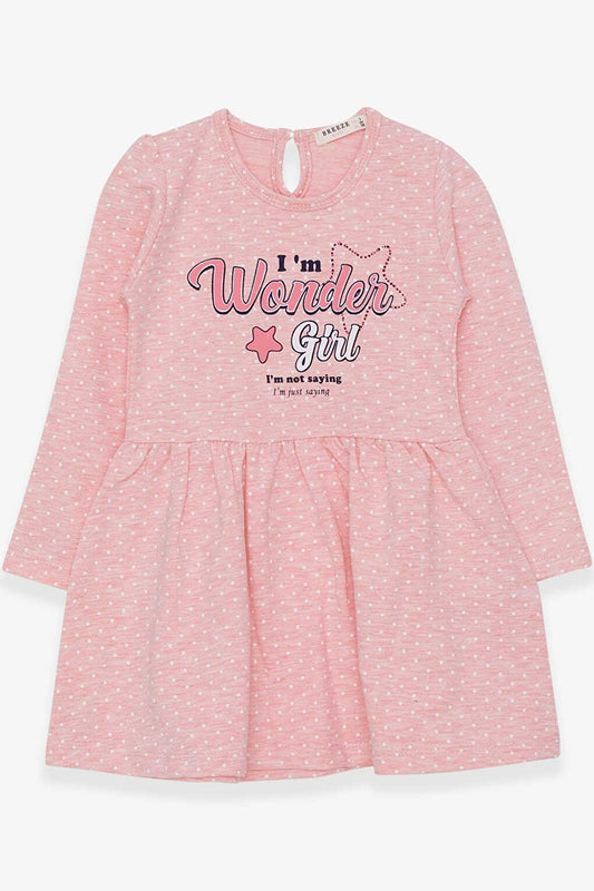 Girl's Dress Polka Dot Patterned Text Printed Salmon Melange (Age 3-6)