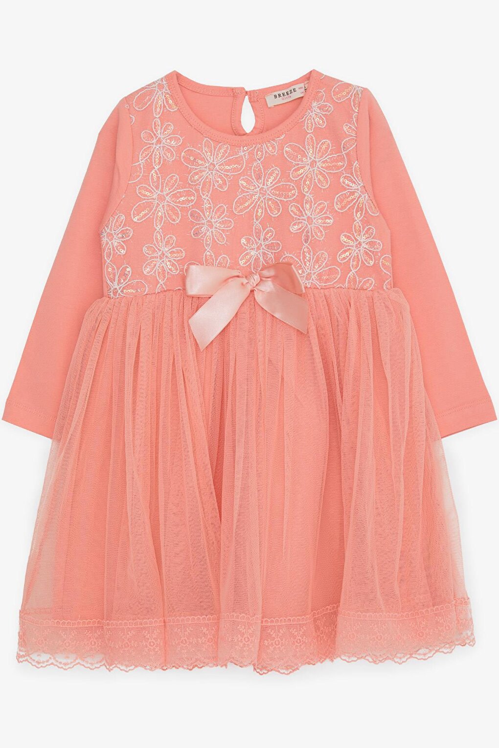 Girl's Long Sleeve Dress Bow Tulle Salmon (Age 3-8)