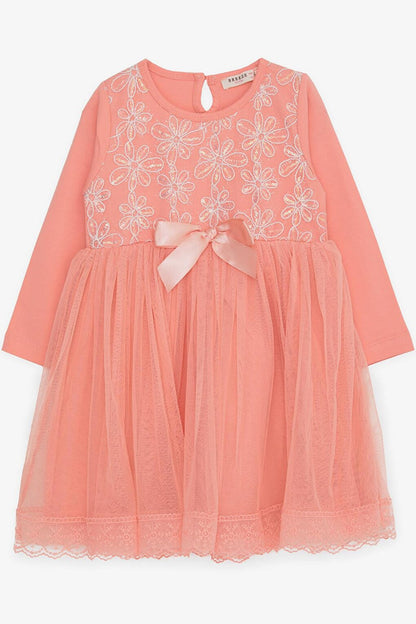 Girl's Long Sleeve Dress with Bow Tulle Salmon (Age 3-4)