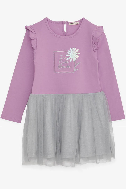 Girl's Long Sleeve Dress Sequined Floral Printed Lilac (Age 3-5)