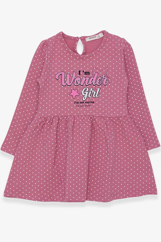 Girl's Dress Polka Dot Patterned Text Printed Dried Rose (Age 3-7)