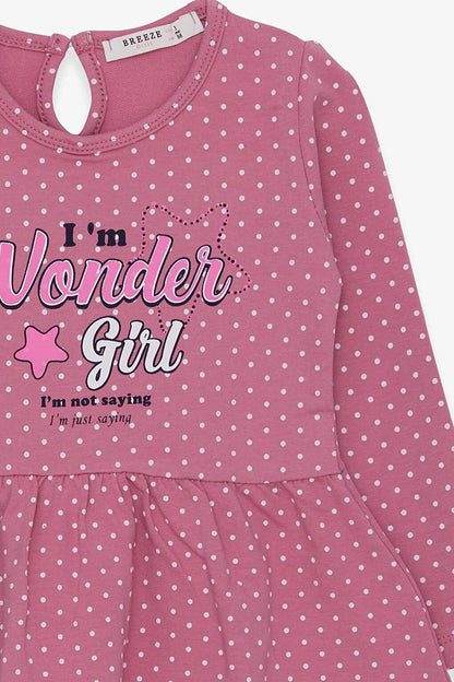 Girl's Dress Polka Dot Patterned Text Printed Dried Rose (Age 3-7)