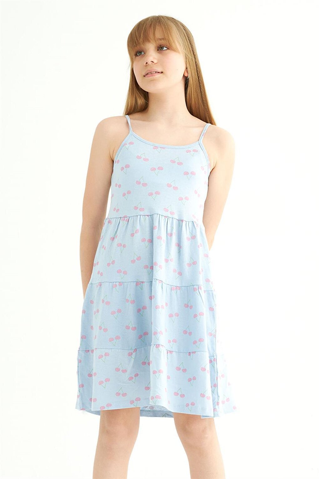 Girl's Cherry Patterned Baby Blue Colored Strap Dress