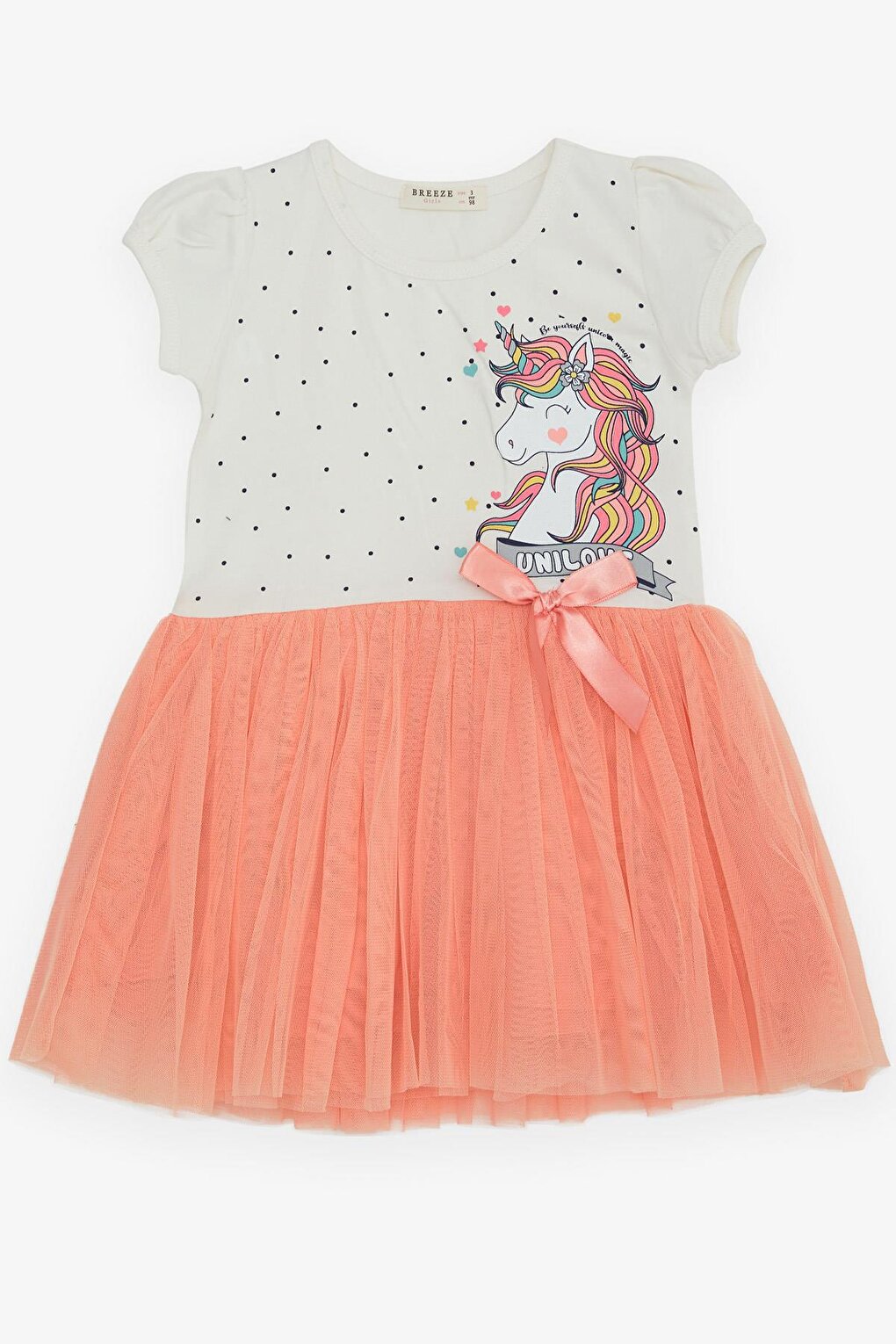 Girl's Dress Unicorn Printed Tulle Bow Ecru (3-6 Years)