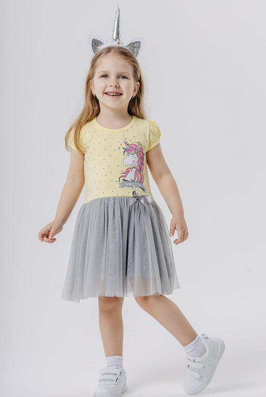 Girl's Dress Unicorn Printed Tulle Bow Yellow (Age 3-4)