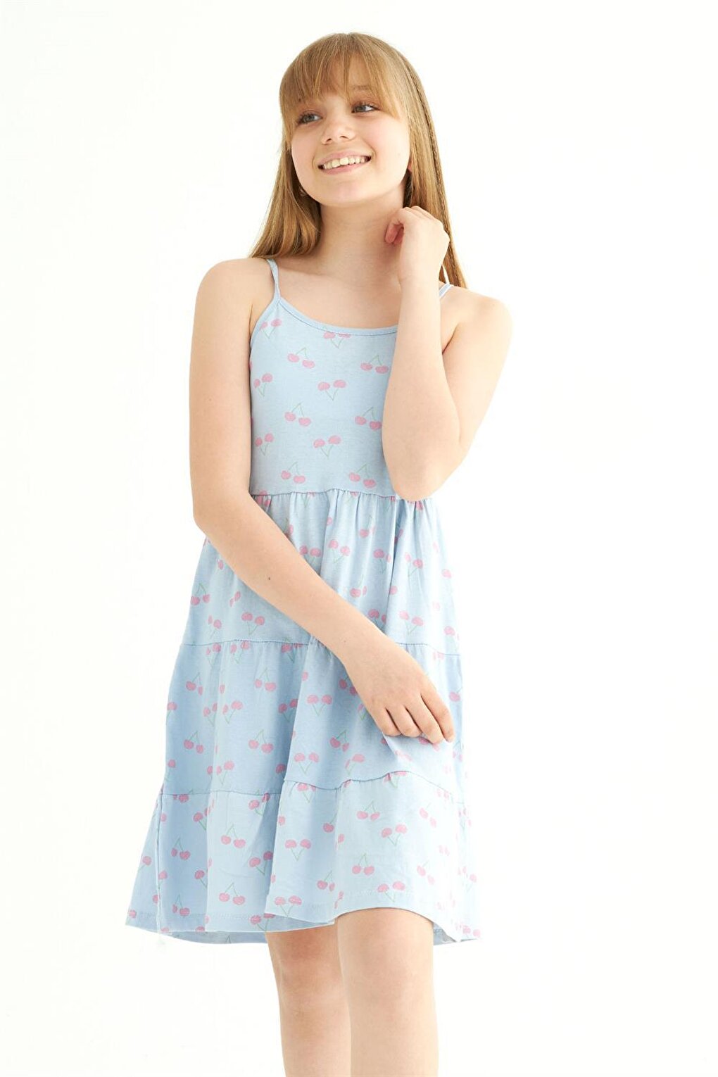 Girl's Cherry Patterned Baby Blue Colored Strap Dress