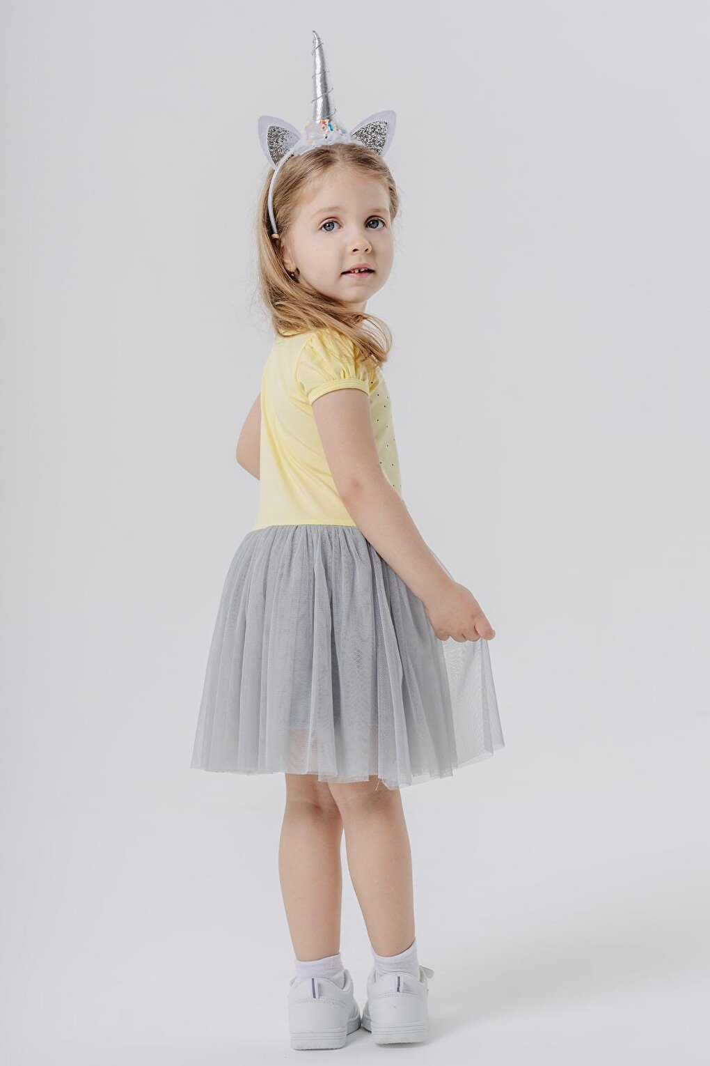 Girl's Dress Unicorn Printed Tulle Bow Yellow (Age 3-4)