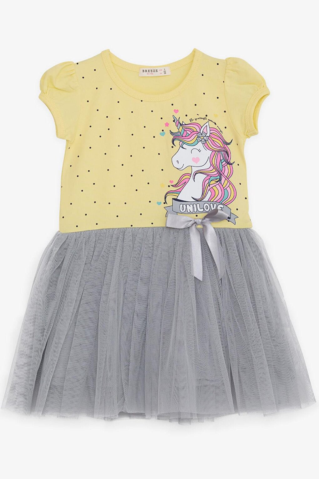 Girl's Dress Unicorn Printed Tulle Bow Yellow (Age 3-4)