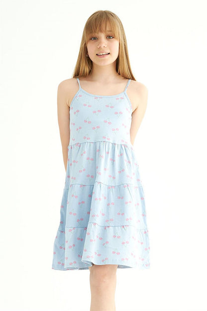 Girl's Cherry Patterned Baby Blue Colored Strap Dress