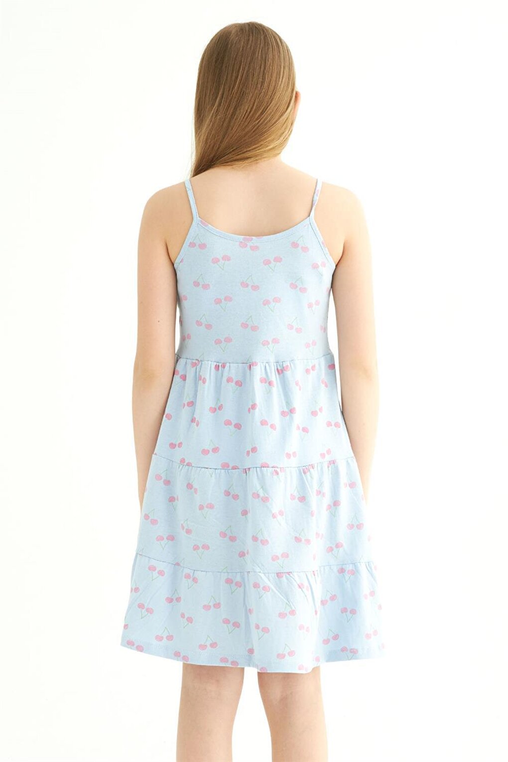 Girl's Cherry Patterned Baby Blue Colored Strap Dress