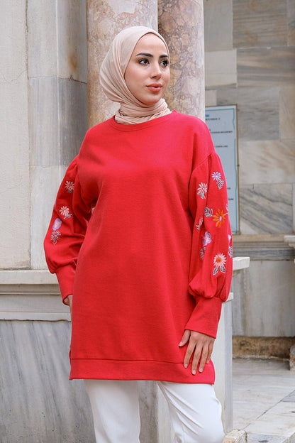 Floral Embroidered Crew Neck Sweatshirt Red