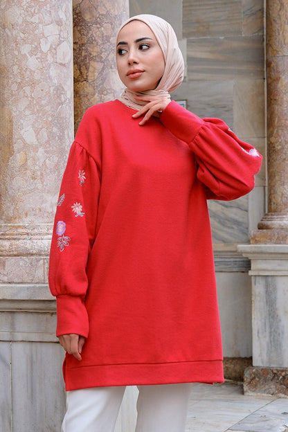 Floral Embroidered Crew Neck Sweatshirt Red