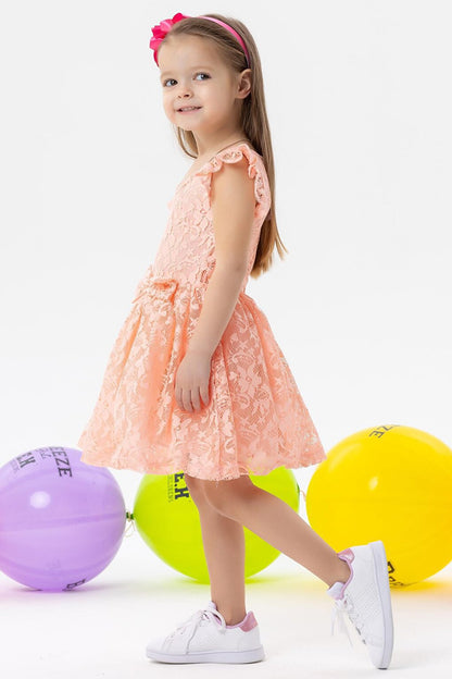 Girl's Dress Bow Tulle Guipure Salmon (3-8 Years)