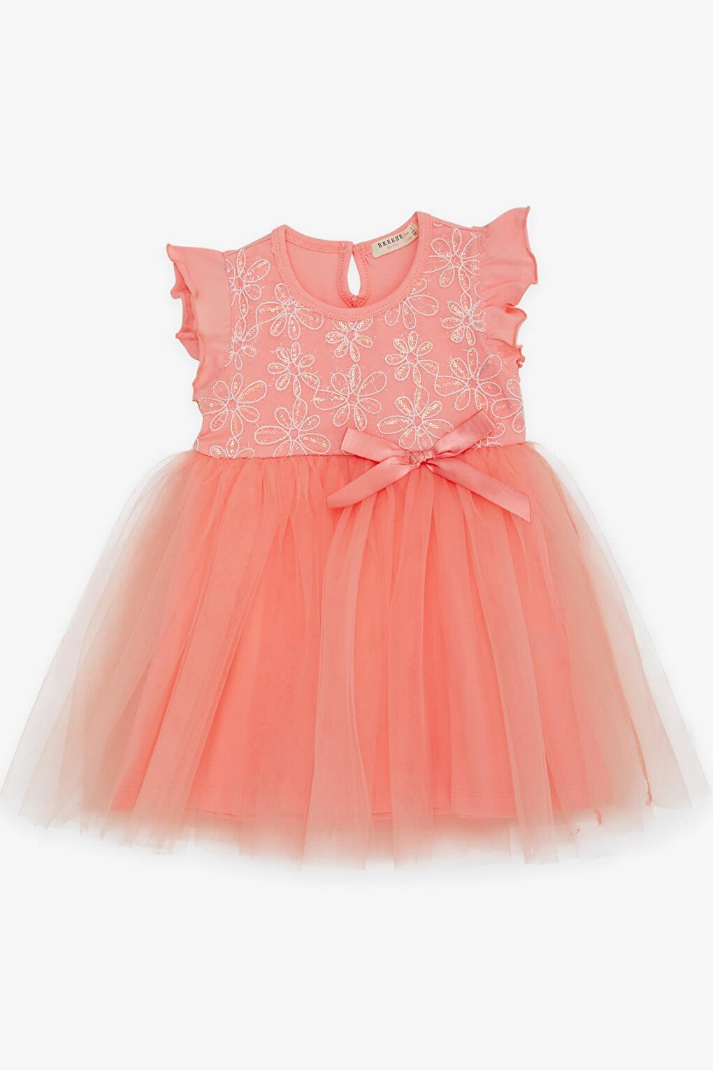 Girl's Dress Floral Embroidered Bow Tulle Salmon (3-8 Years)